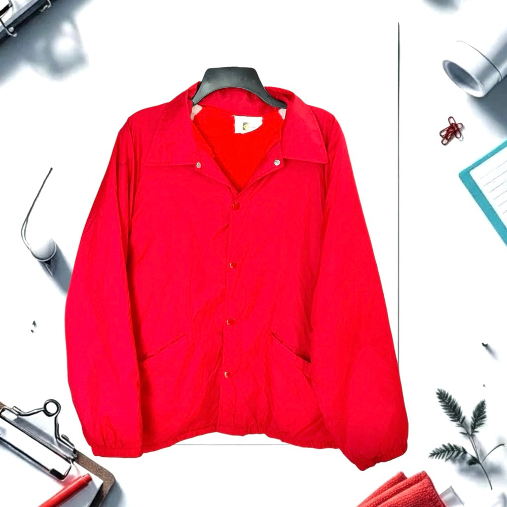 K-Brand Vintage Red Snap Fluffy Faux Fur-Lined Coach Jacket Windbreaker Men XL